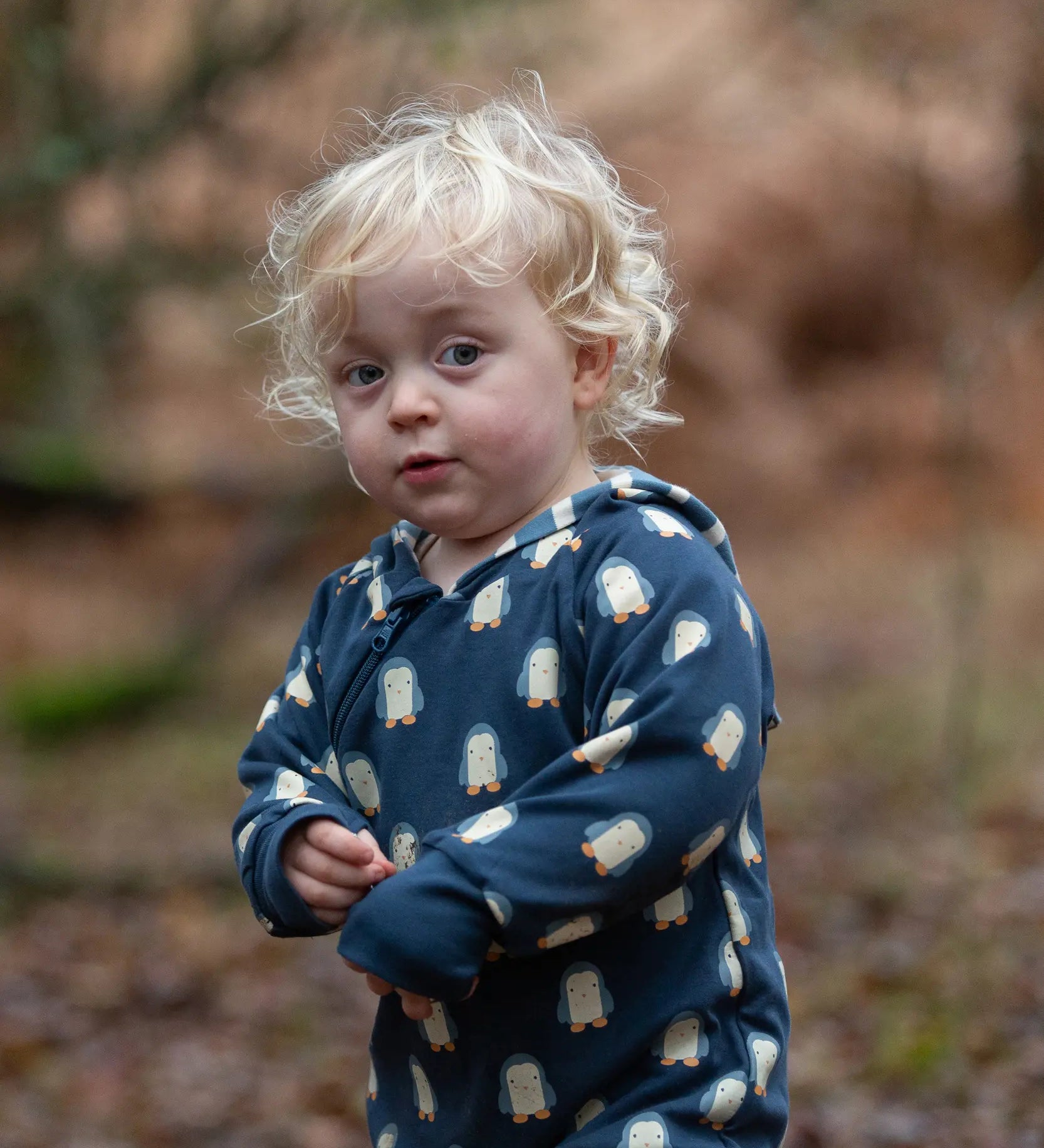 Child wearing a Little Green Radicals navy blue penguins hooded reversible snug suit.