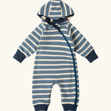  Little Green Radicals navy blue penguins hooded reversible snug suit shown on the blue and white striped side.