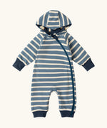  Little Green Radicals navy blue penguins hooded reversible snug suit shown on the blue and white striped side.