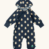  Little Green Radicals navy blue penguins hooded reversible snug suit with blue and white stripes on one side.