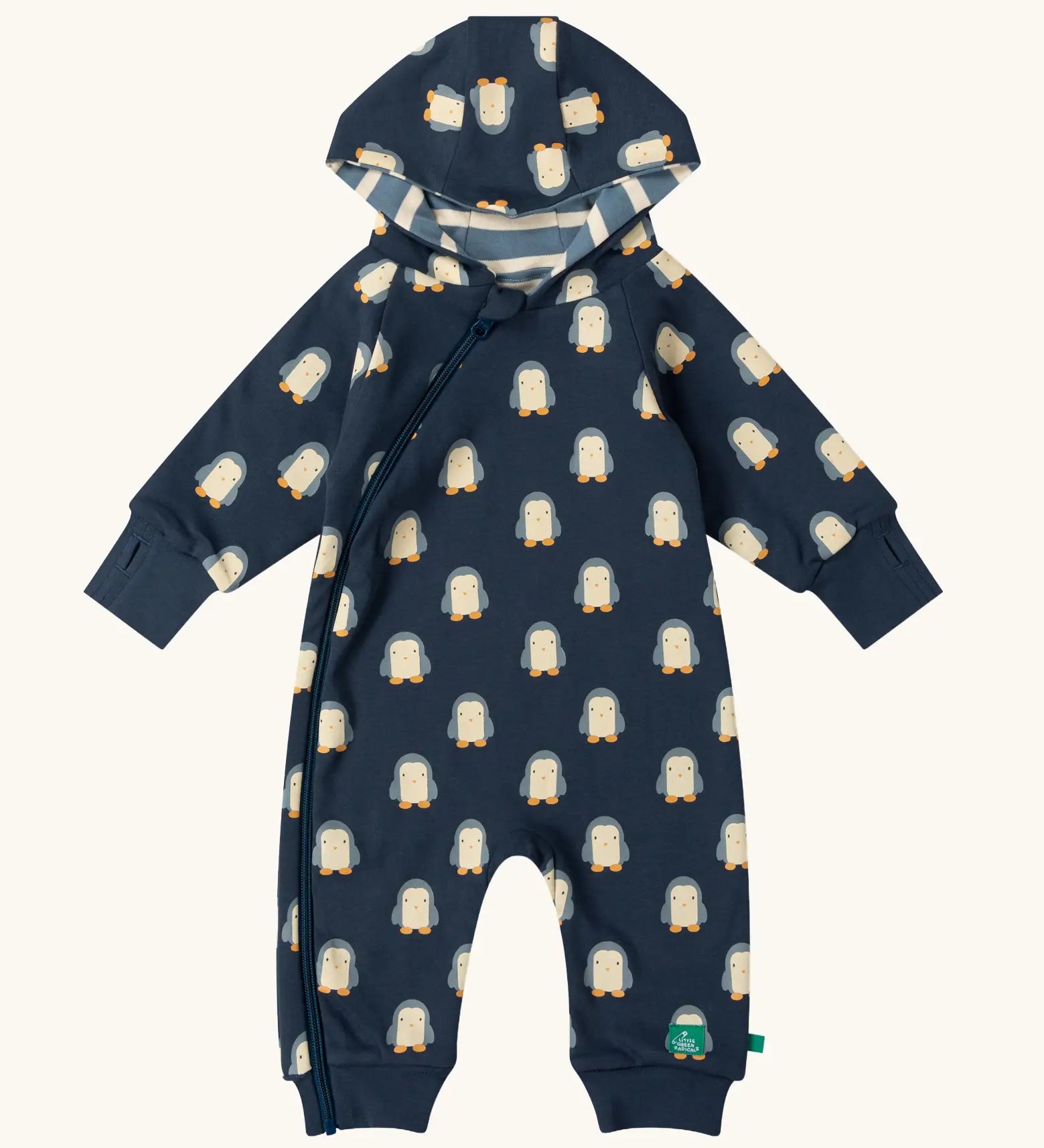  Little Green Radicals navy blue penguins hooded reversible snug suit with blue and white stripes on one side.