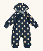  Little Green Radicals navy blue penguins hooded reversible snug suit with blue and white stripes on one side.