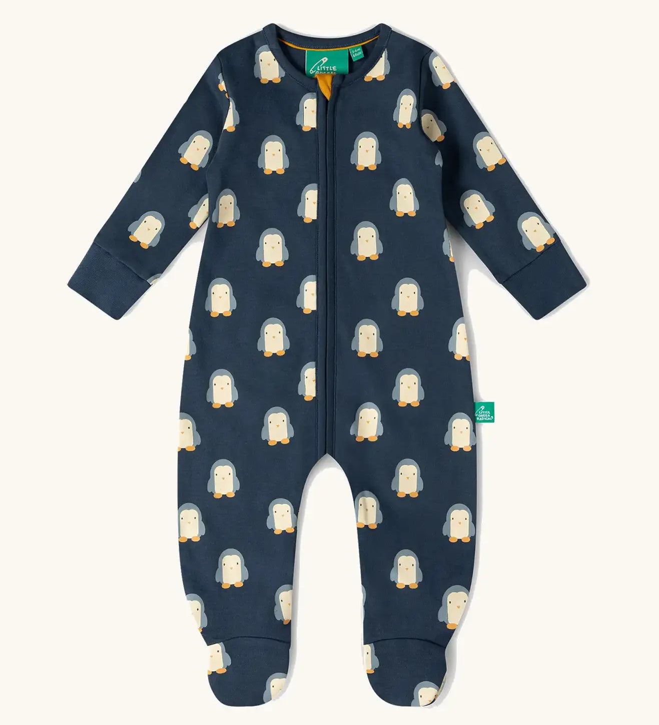 Little Green Radicals blue penguins GOTS organic cotton zip up babygrow. Navy with all over penguin print.