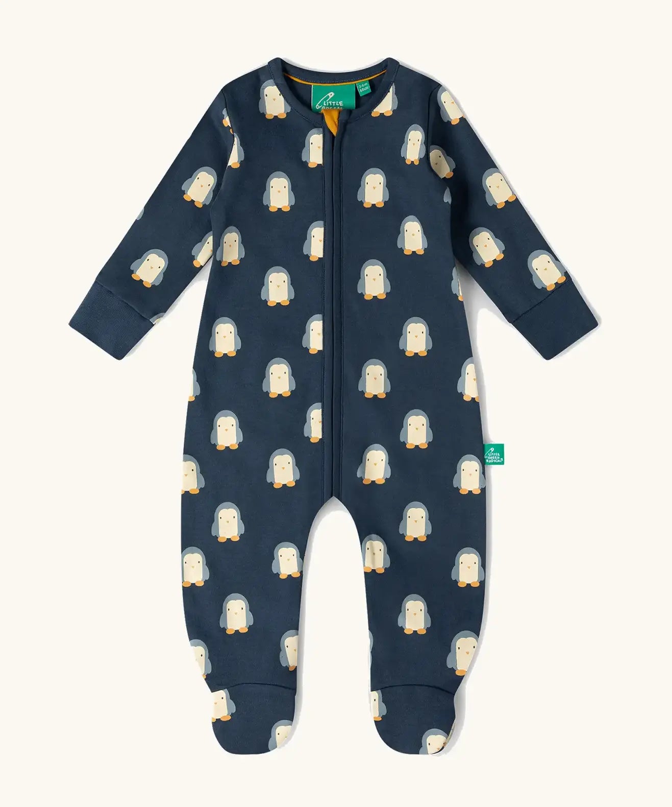Little Green Radicals blue penguins GOTS organic cotton zip up babygrow. Navy with all over penguin print.