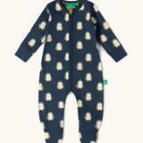 Little Green Radicals blue penguins GOTS organic cotton zip up babygrow. Navy with all over penguin print.
