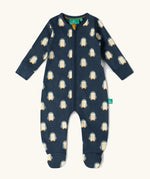 Little Green Radicals blue penguins GOTS organic cotton zip up babygrow. Navy with all over penguin print.