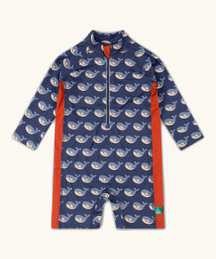 Little Green Radicals kids navy whales long sleeve all in one sunsafe swimsuit.