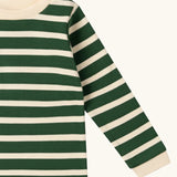 Close up of the Little Green Radicals olive stripe organic cotton long sleeve top.
