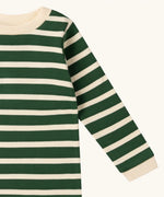 Close up of the Little Green Radicals olive stripe organic cotton long sleeve top.