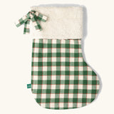 Little Green Radicals olive green check organic cotton stocking with sherpa fleece top.