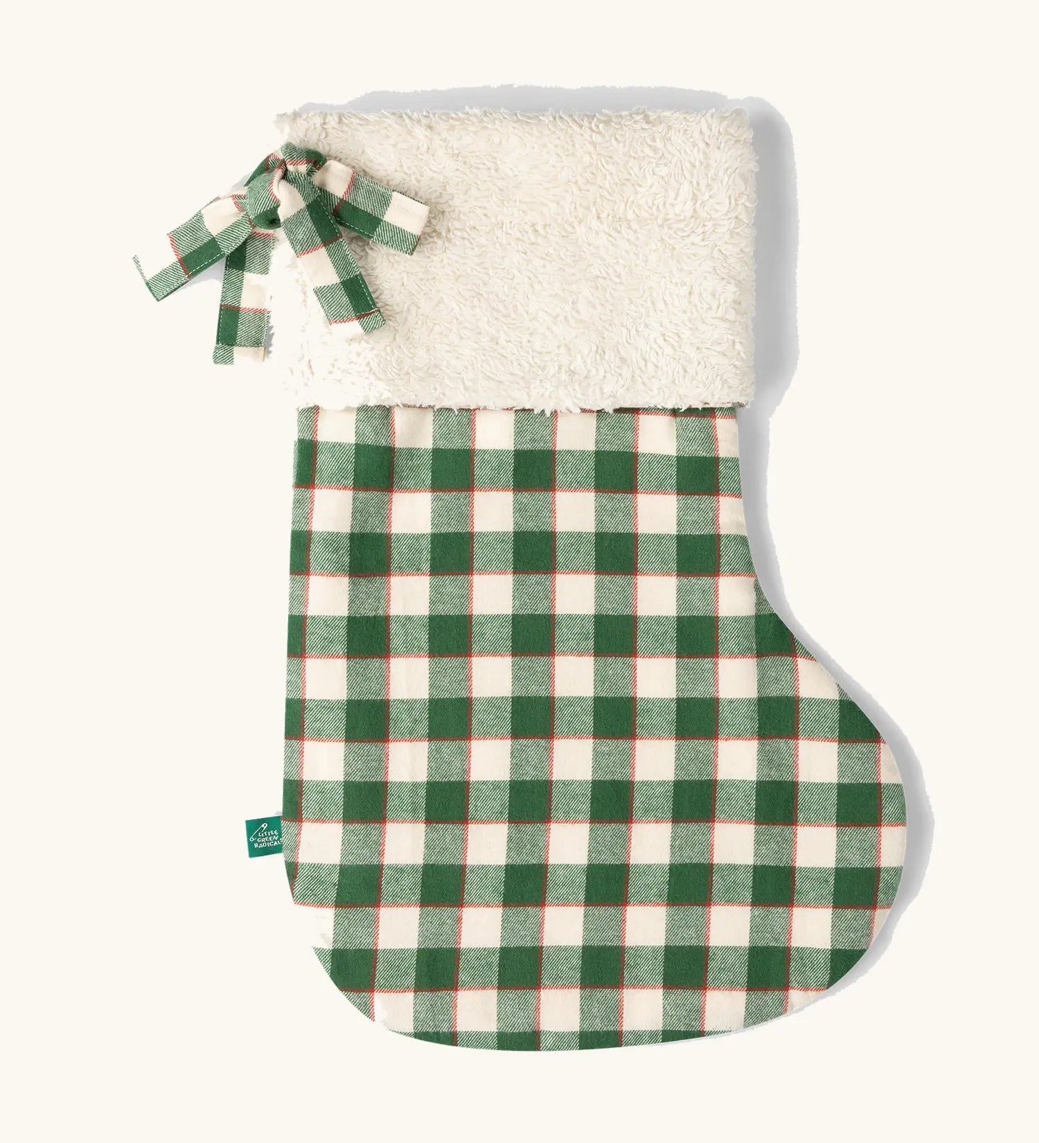 Little Green Radicals olive green check organic cotton stocking with sherpa fleece top.