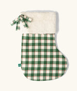 Little Green Radicals olive green check organic cotton stocking with sherpa fleece top.