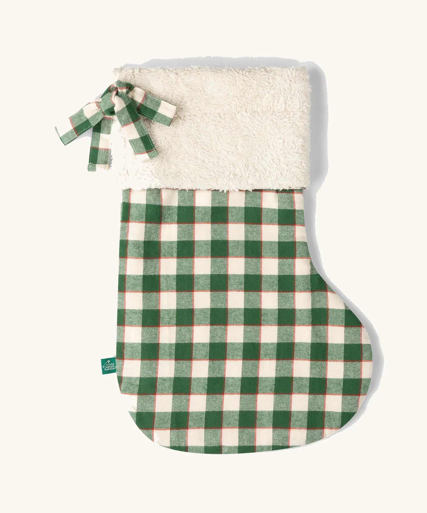 Little Green Radicals olive green check organic cotton stocking with sherpa fleece top.