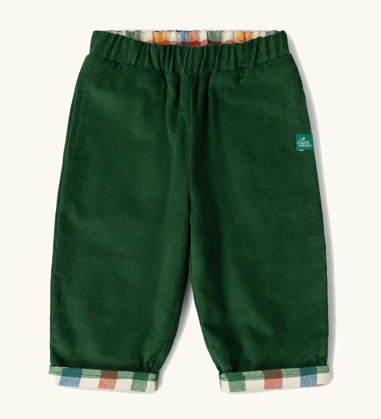Little Green Radicals olive green organic cotton reversible pull on trousers. 