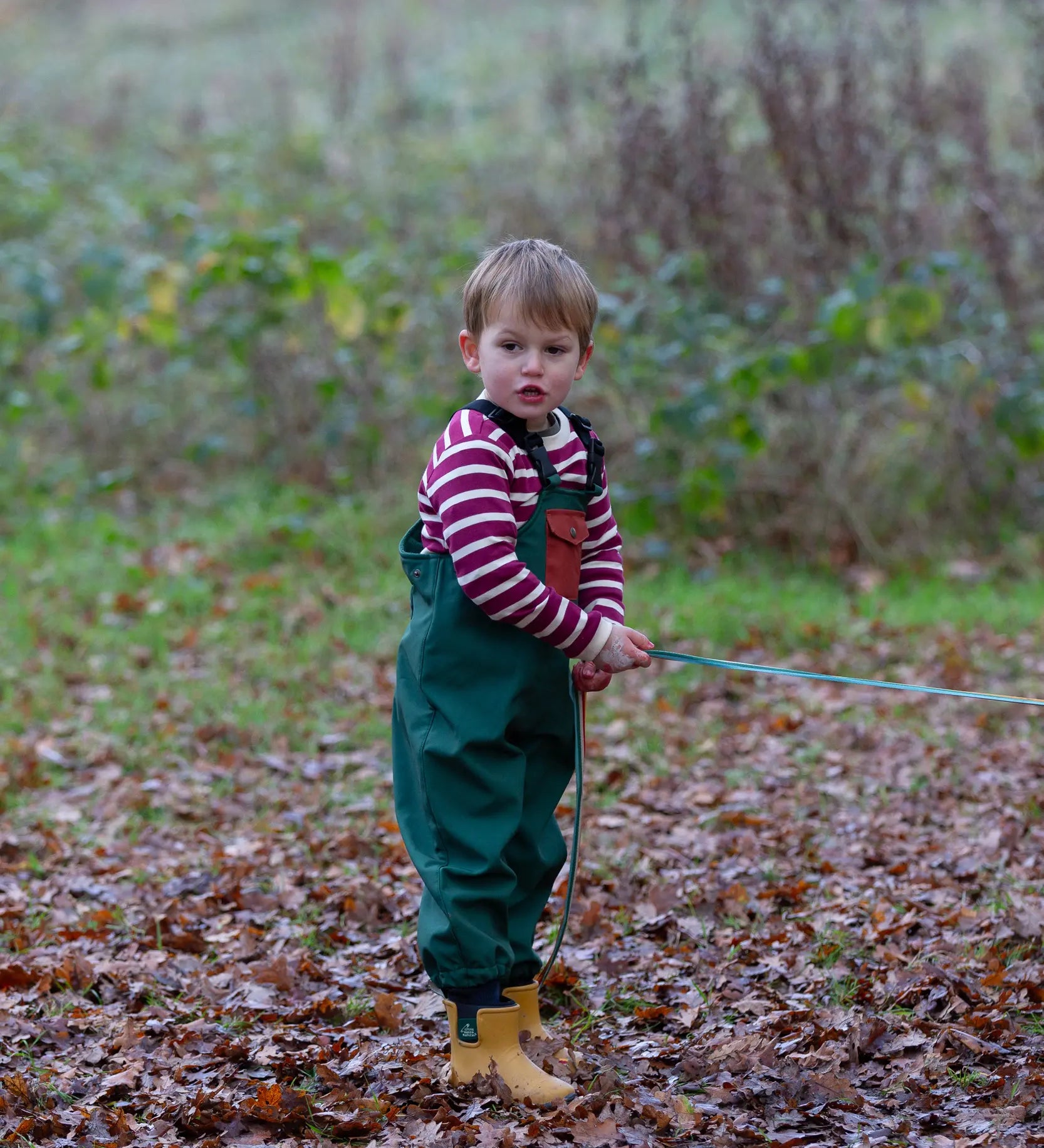 Child wearing a Little Green Radicals olive green recycled lined waterproof dungarees with a striped top underneath and yellow gold ankle wellingtons.