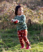 Child wearing the Little Green Radicals olive green striped long sleeve top with knitted mushroom joggers.