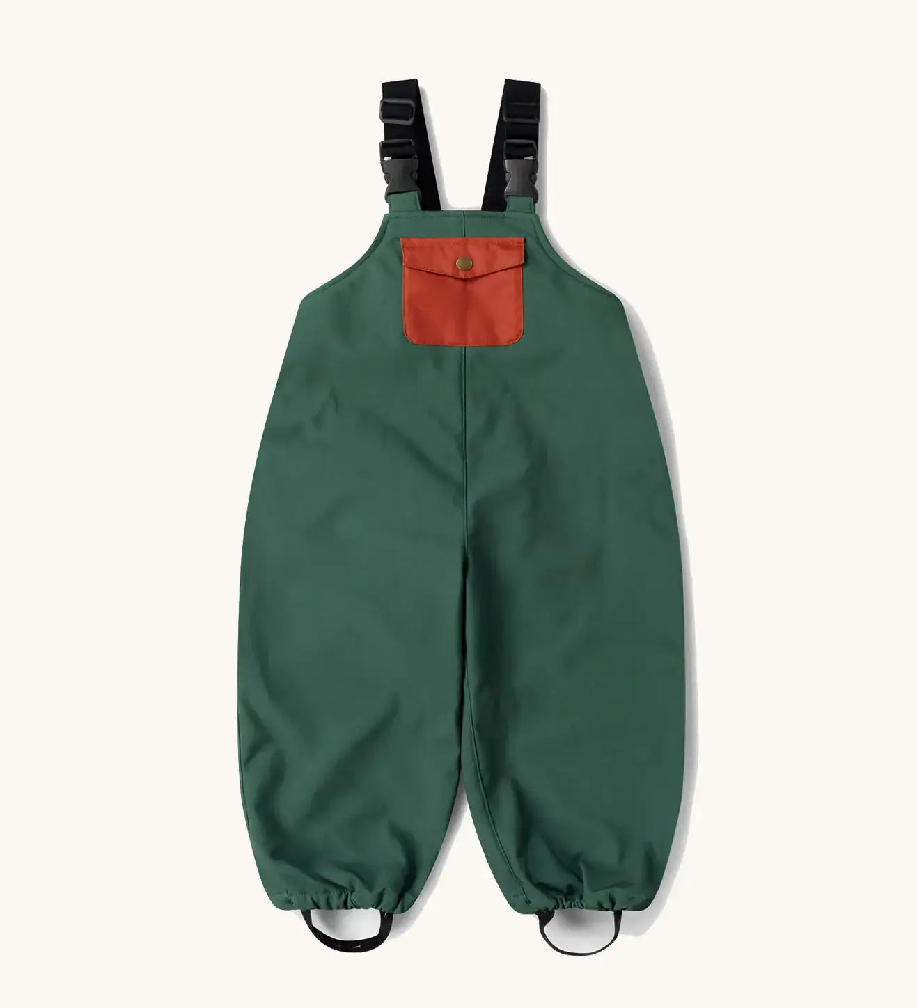Little Green Radicals olive green recycled lined waterproof dungaree trousers.