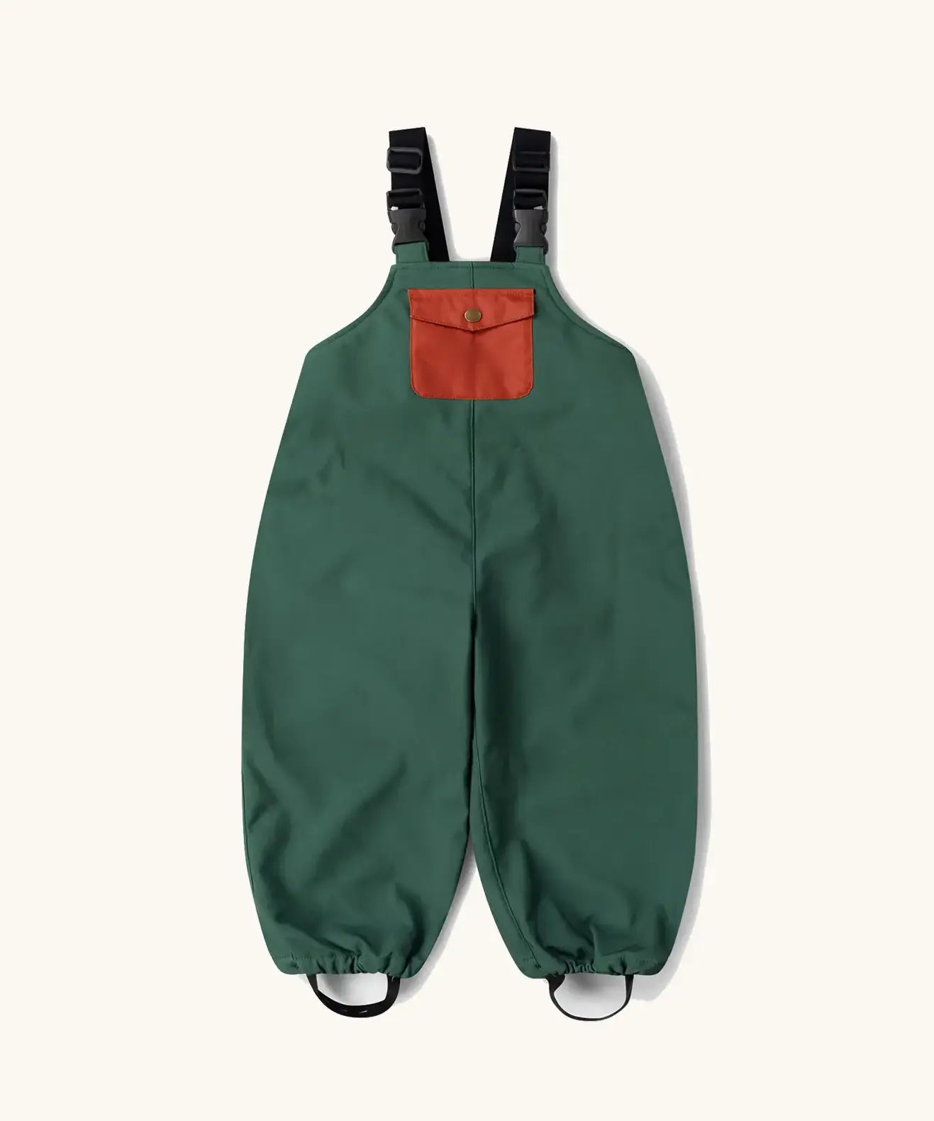 Little Green Radicals olive green recycled lined waterproof dungaree trousers.