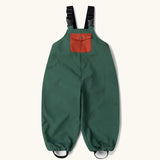 Little Green Radicals olive green recycled lined waterproof dungaree trousers.