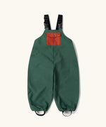 Little Green Radicals olive green recycled lined waterproof dungaree trousers.