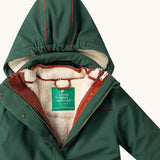 Close up of the hood Little Green Radicals olive green recycled waterproof 3 in 1 coat. Dark green waterproof coat with a fleece jacket layer inside. 