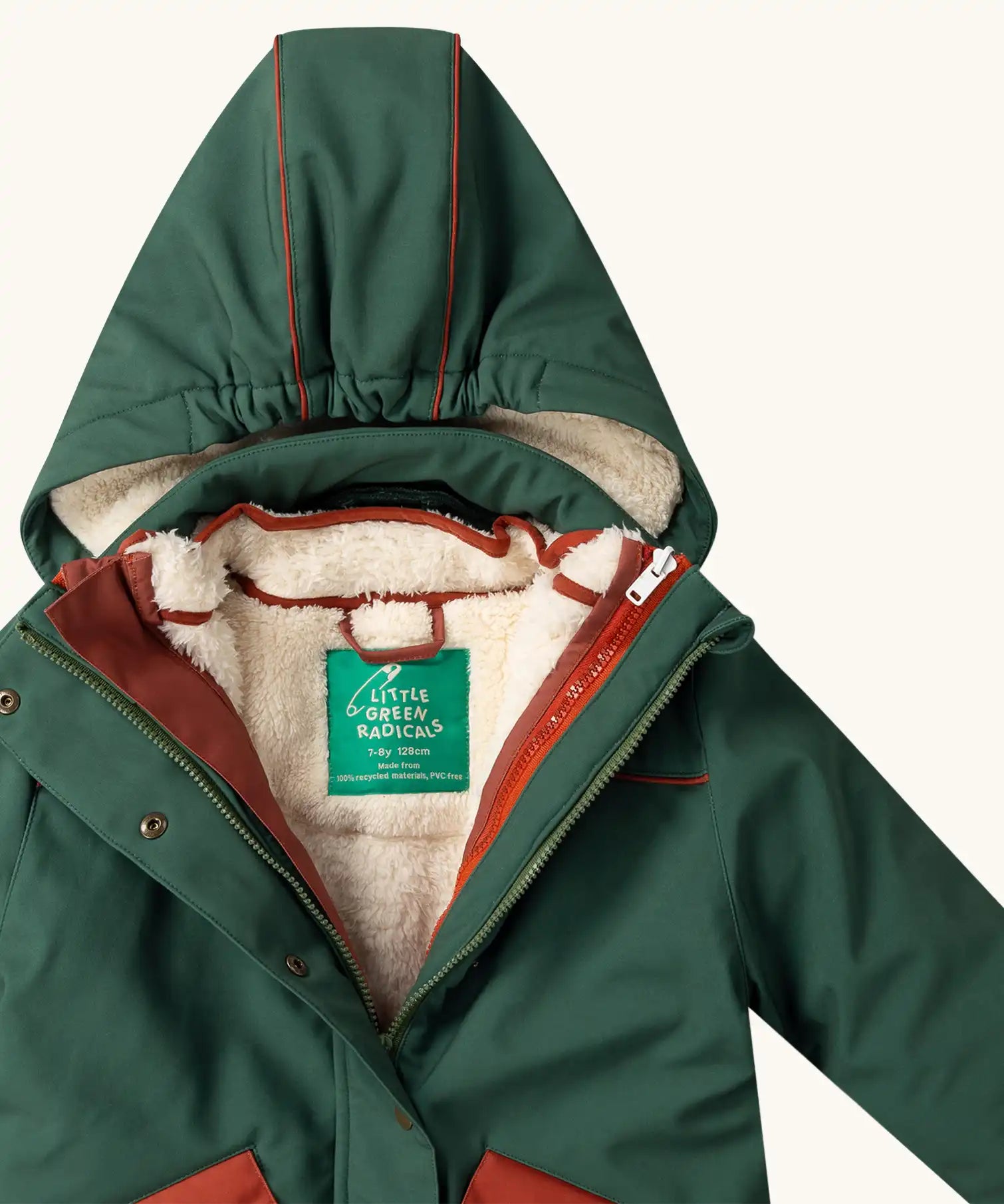 Close up of the hood Little Green Radicals olive green recycled waterproof 3 in 1 coat. Dark green waterproof coat with a fleece jacket layer inside. 