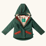 Little Green Radicals olive green recycled waterproof 3 in 1 coat shown with zip half open. Dark green waterproof coat with a fleece jacket layer inside. 