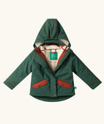 Little Green Radicals olive green recycled waterproof 3 in 1 coat shown with zip half open. Dark green waterproof coat with a fleece jacket layer inside. 