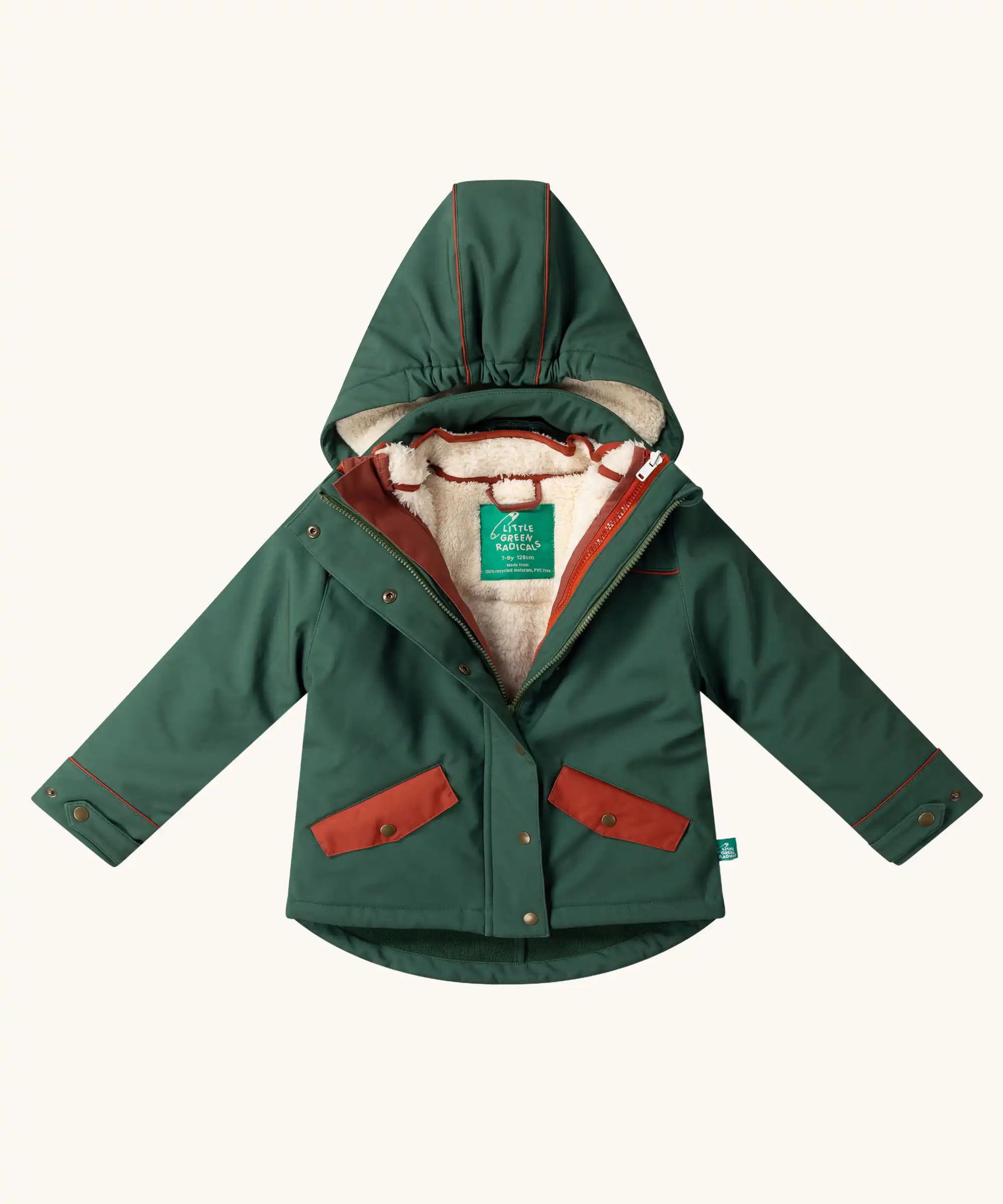 Little Green Radicals olive green recycled waterproof 3 in 1 coat shown with zip half open. Dark green waterproof coat with a fleece jacket layer inside. 