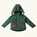 Little Green Radicals olive green recycled waterproof 3 in 1 coat. Dark green waterproof coat with a fleece jacket layer inside. 
