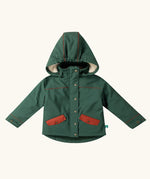 Little Green Radicals olive green recycled waterproof 3 in 1 coat. Dark green waterproof coat with a fleece jacket layer inside. 