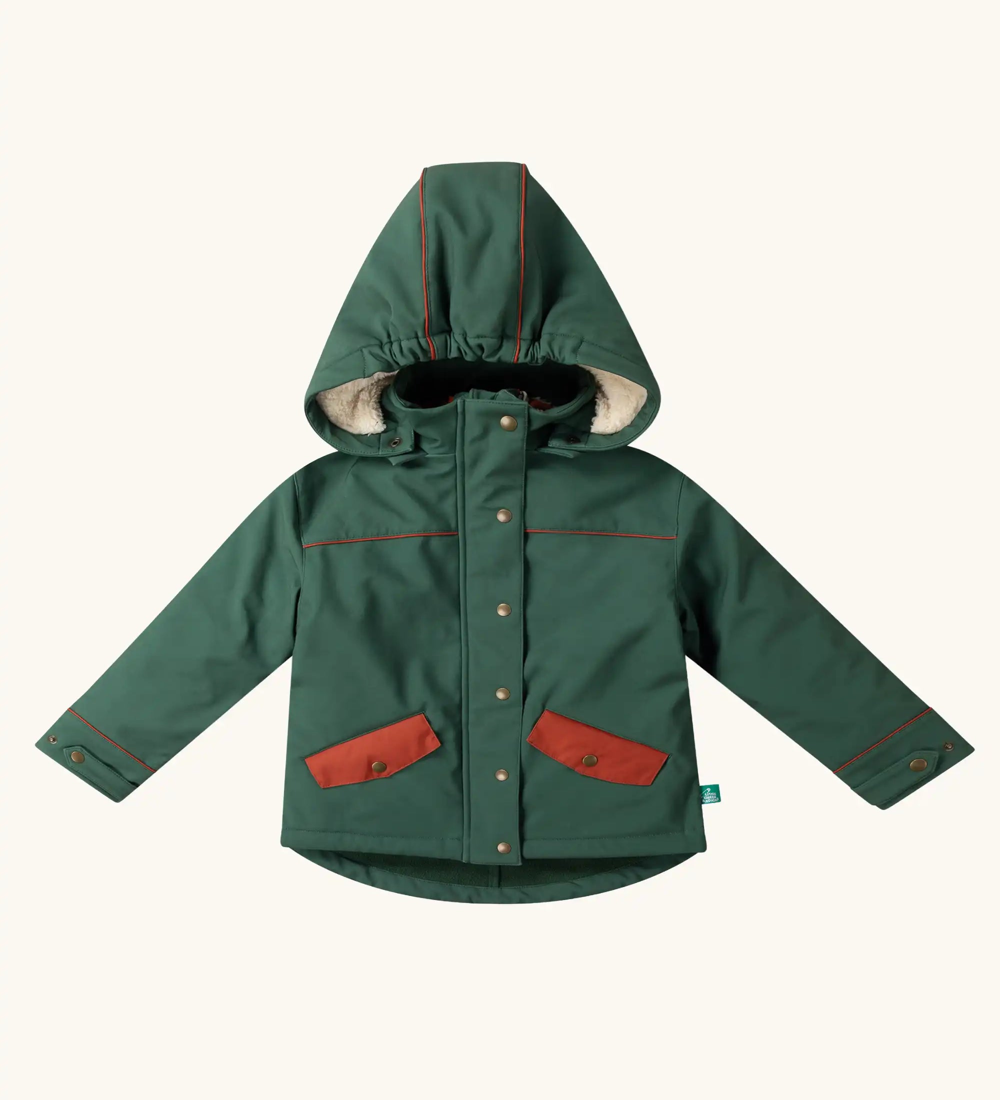 Little Green Radicals olive green recycled waterproof 3 in 1 coat. Dark green waterproof coat with a fleece jacket layer inside. 