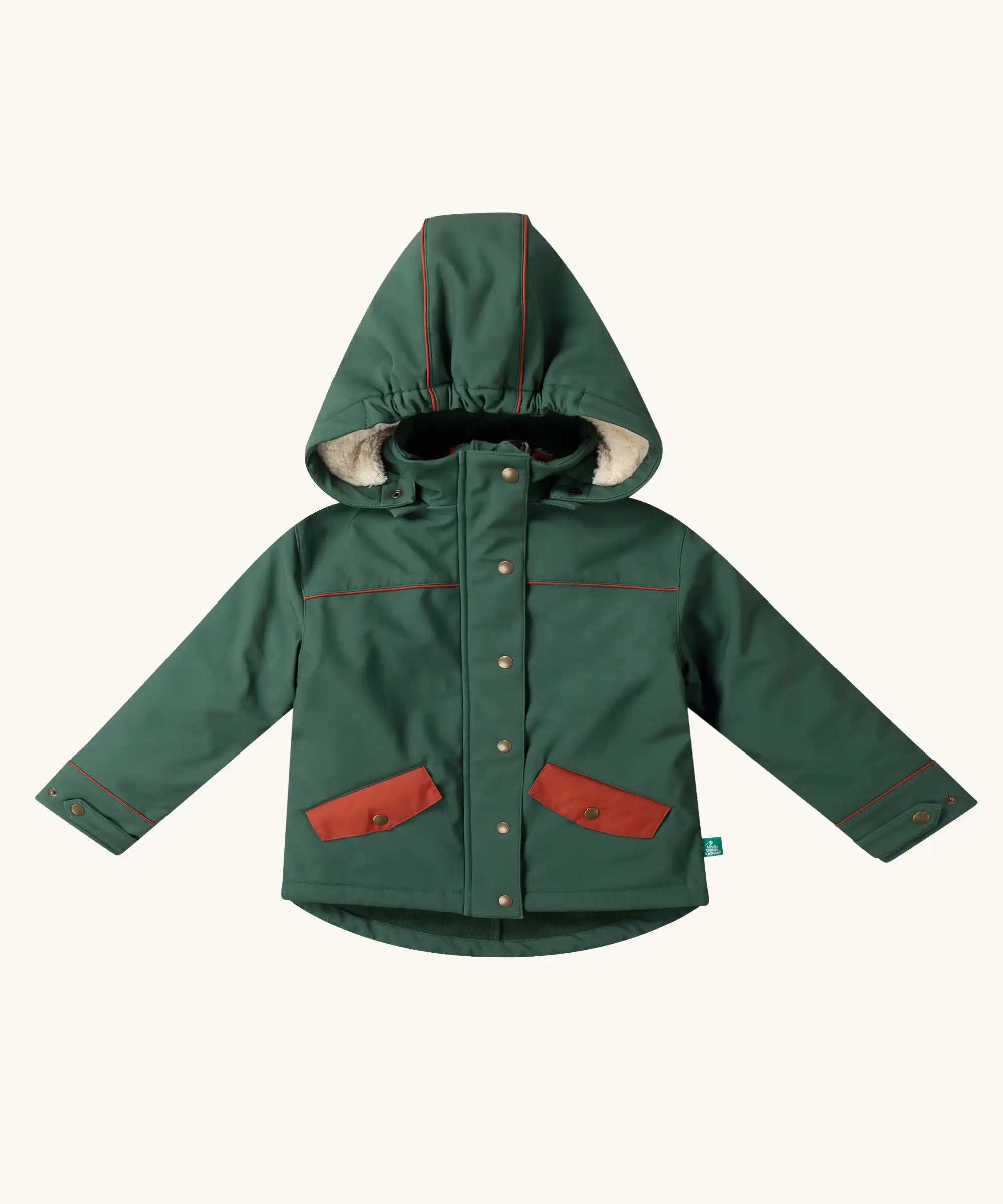 Little Green Radicals olive green recycled waterproof 3 in 1 coat. Dark green waterproof coat with a fleece jacket layer inside. 