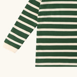 Close up of the Little Green Radicals olive stripe organic cotton long sleeve top.