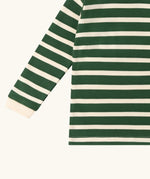 Close up of the Little Green Radicals olive stripe organic cotton long sleeve top.