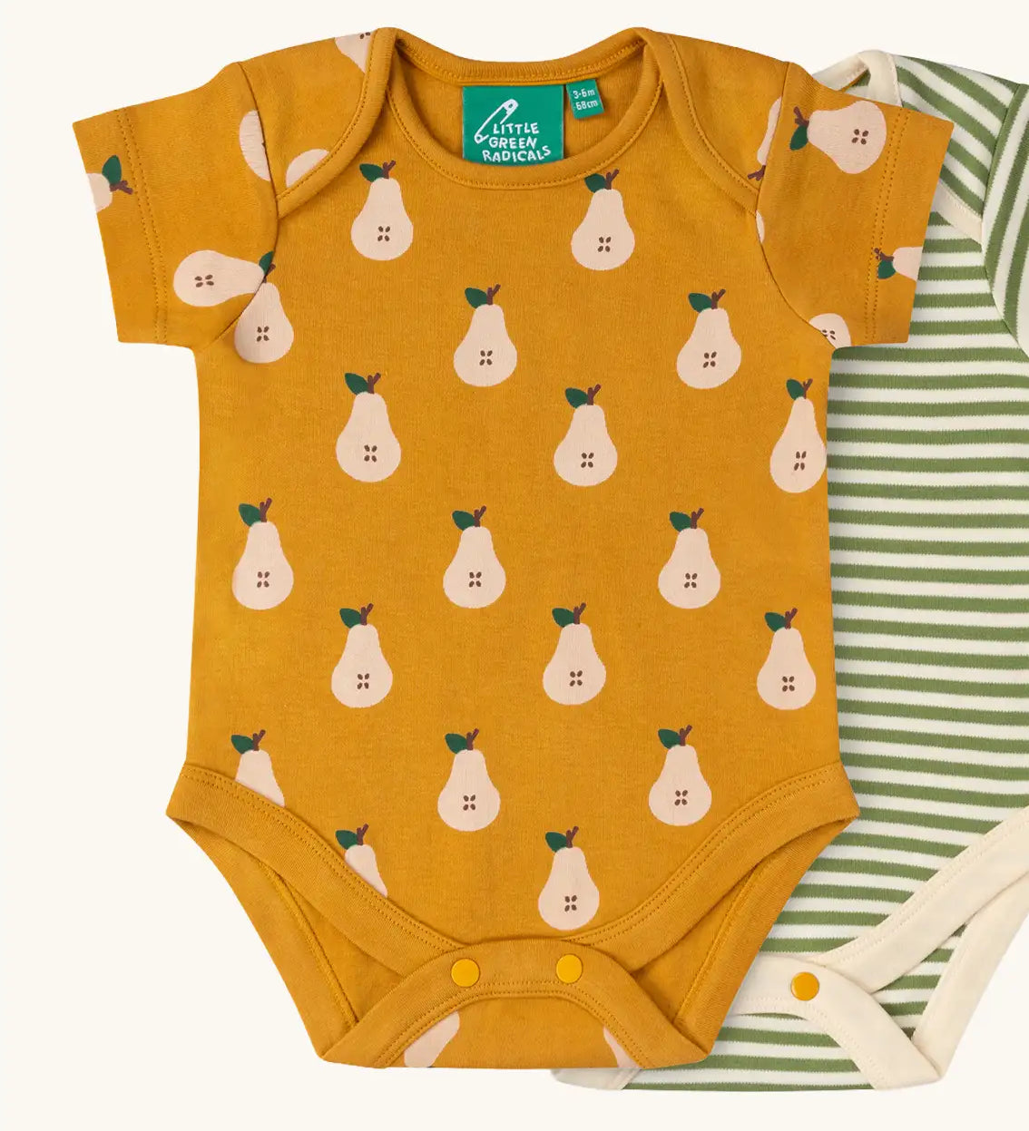 Close up of the Little Green Radicals Summer pears print organic cotton short sleeved baby bodysuit from a 2 pack.