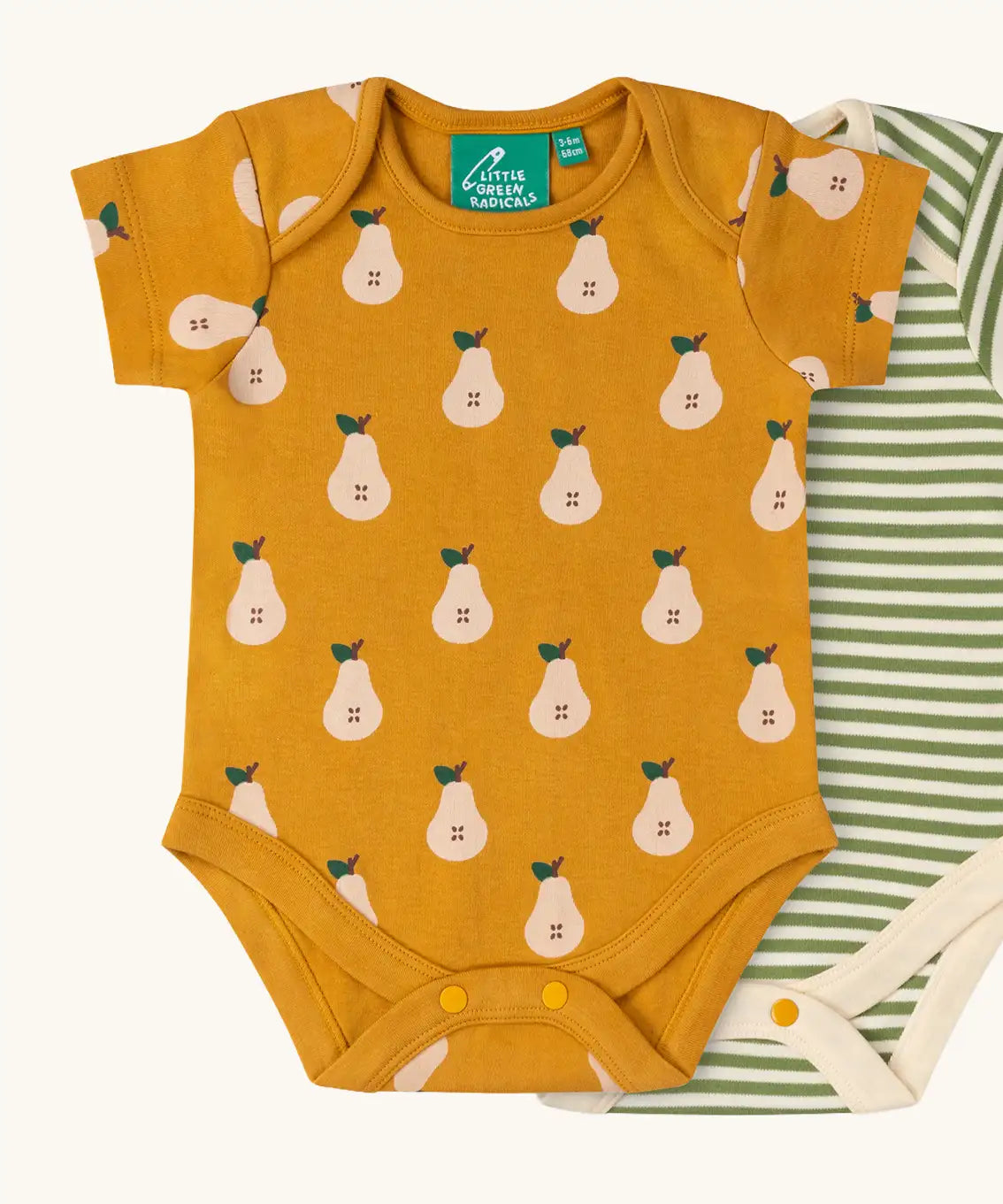 Close up of the Little Green Radicals Summer pears print organic cotton short sleeved baby bodysuit from a 2 pack.