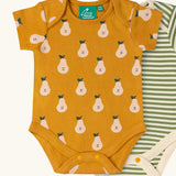 Close up of the Little Green Radicals Summer pears print organic cotton short sleeved baby bodysuit from a 2 pack.