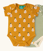 Close up of the Little Green Radicals Summer pears print organic cotton short sleeved baby bodysuit from a 2 pack.
