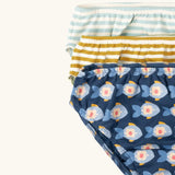 Close up of the Little Green Radicals children's Organic Underwear 3 Pack with fish print, blue striped and yellow gold striped designs.