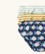Close up of the Little Green Radicals children's Organic Underwear 3 Pack with fish print, blue striped and yellow gold striped designs.