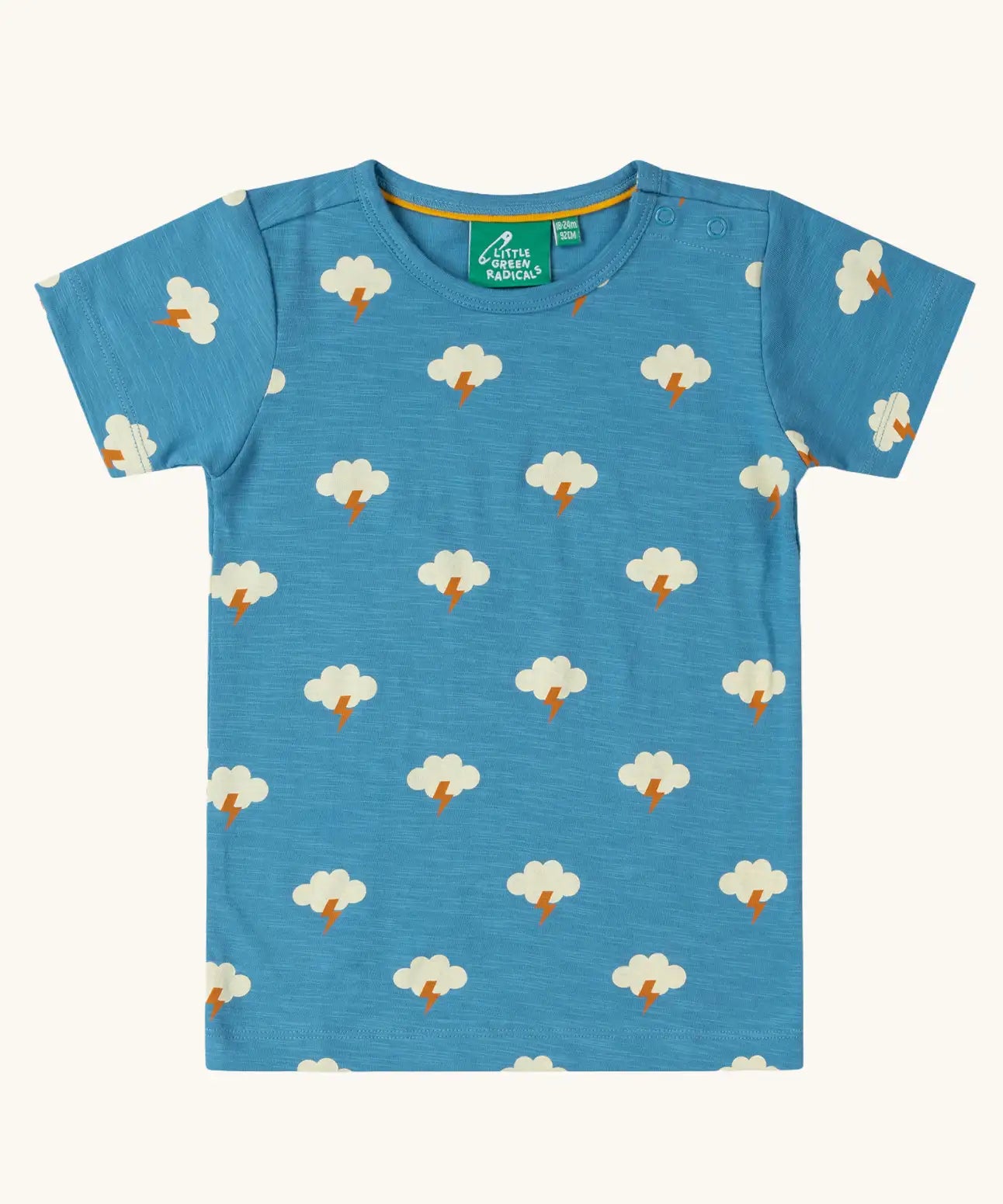Little Green Radicals blue all weather repeat print organic cotton short sleeve t-shirt. White clouds with a yellow gold lightning bolt. 