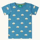 Little Green Radicals blue all weather repeat print organic cotton short sleeve t-shirt. White clouds with a yellow gold lightning bolt. 