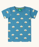 Little Green Radicals blue all weather repeat print organic cotton short sleeve t-shirt. White clouds with a yellow gold lightning bolt. 
