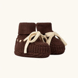 Little Green Radicals hazelnut brown organic cotton knitted baby booties.