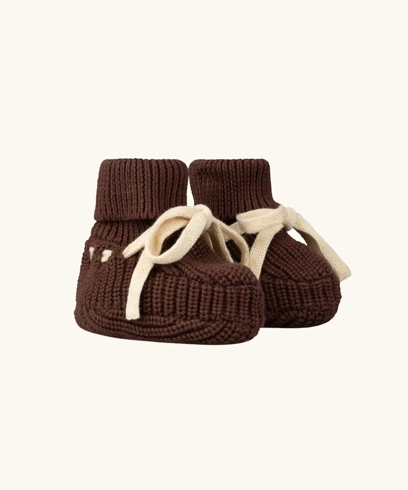 Little Green Radicals hazelnut brown organic cotton knitted baby booties.