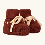 Little Green Radicals hazelnut rust brown organic cotton knitted baby booties.