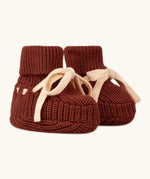 Little Green Radicals hazelnut rust brown organic cotton knitted baby booties.