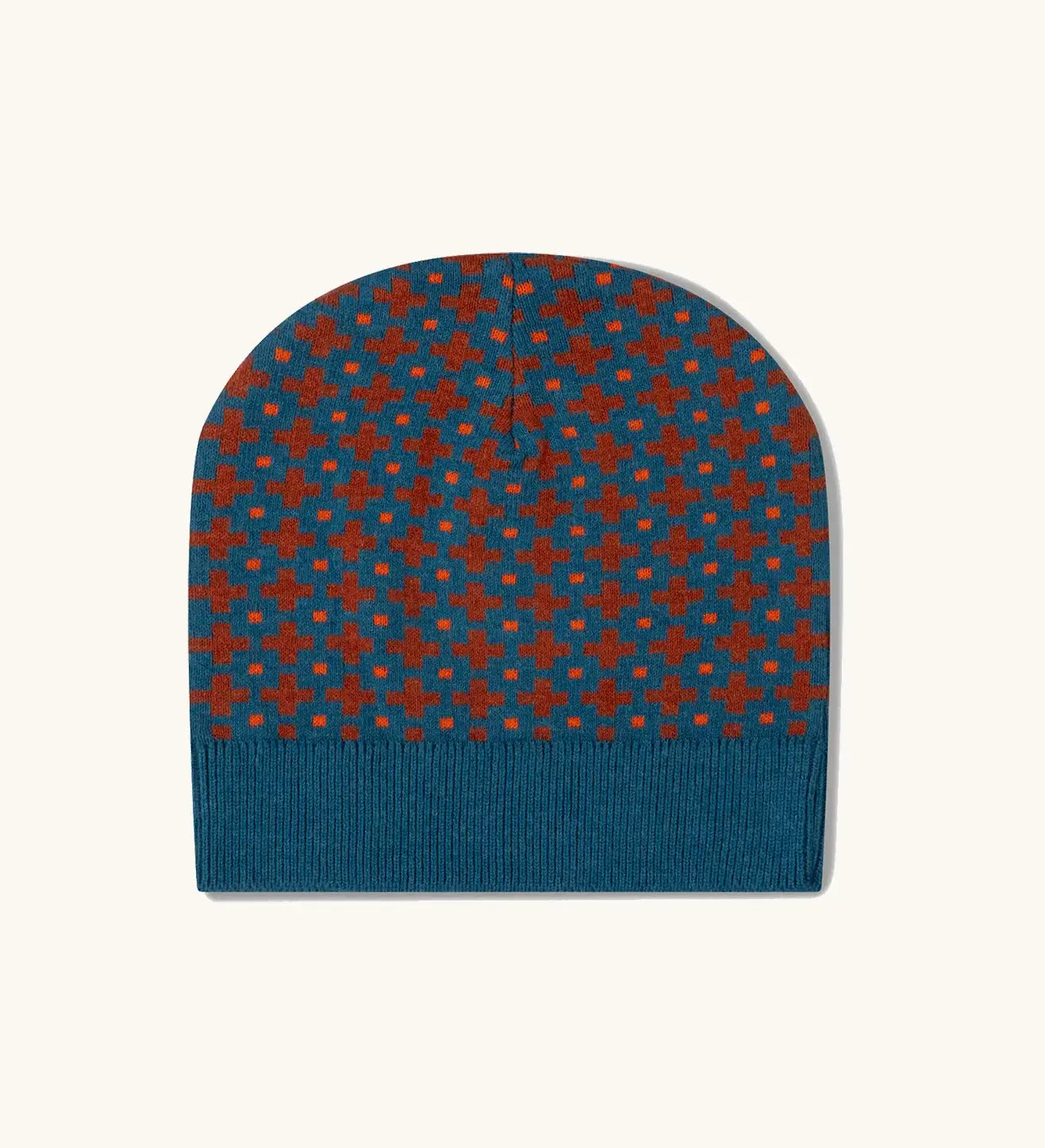 Little Green Radicals organic cotton knitted kids beanie hat with a ginger squares design. Blue knitted hat with orange squares.
