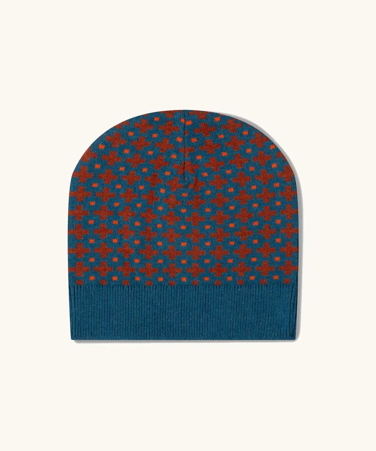 Little Green Radicals organic cotton knitted kids beanie hat with a ginger squares design. Blue knitted hat with orange squares.
